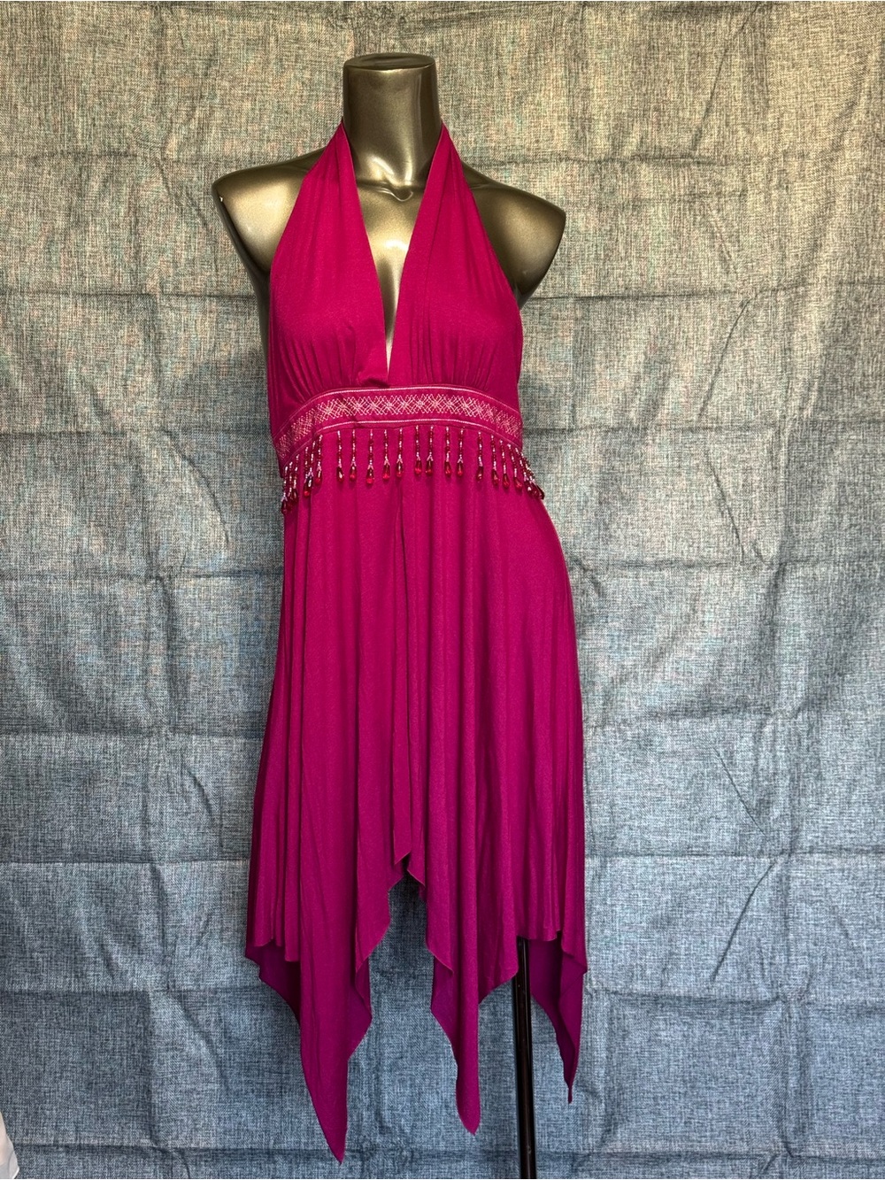 Arden B. Beaded Halter Neck Fuchsia Handkerchief Hem Tunic Dress Vintage Y2K Med